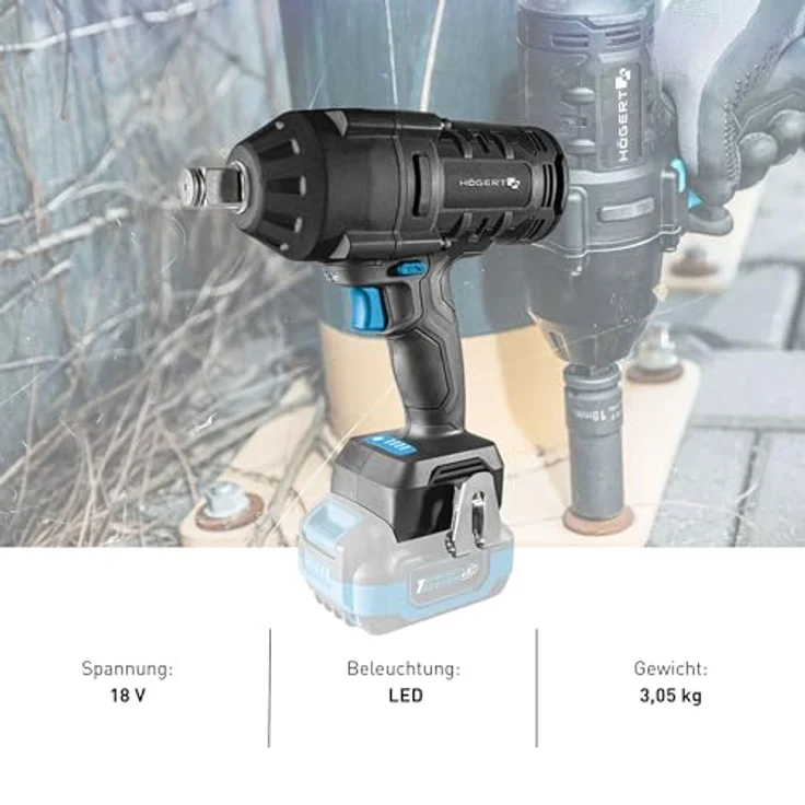 Högert Technik Akku-Schlagschrauber 18V OneAccuSystem, bürstenloser Motor, 1000 Nm Drehmoment, 1300 Nm Losbrechmoment, 3/4" Vierkant, LED-Beleuchtung, 3 Geschwindigkeitsstufen, Metallgetriebe, ohne Akku – Bild 5