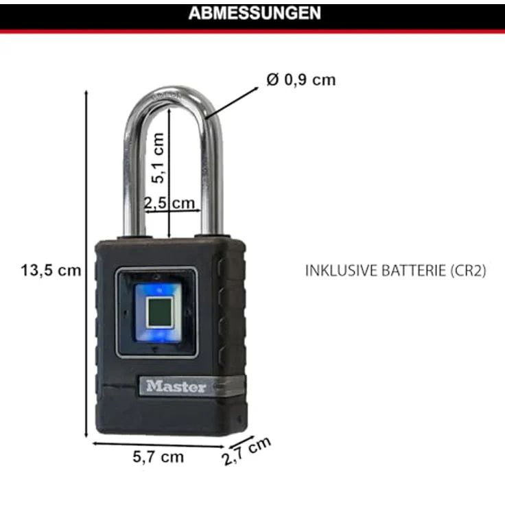 Master Lock 4901EURDLHCC Biometrisches Schwelast-Vorhängeschloss (Wetterfest) (Fingerabdruck-Schloss und Not-Richtungsschloss) (langer Bügel) -Geeignet für Anwendungen im Freien – Bild 6