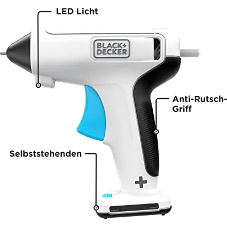 Black+Decker 3.6V Akku-Heißklebepistole BCGL115 (kabellos, für Bastel-, Deko- & Reparaturarbeiten, selbststehend, automatische Abschaltung, mit integriertem LED-Licht, inkl. USB-C Kabel & Klebestifte) – Bild 3