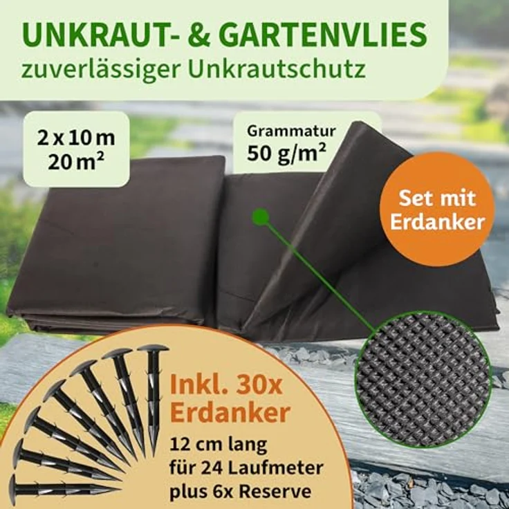 TTL GARDEN Unkrautvlies 50g/m², 2x10m schwarz, wasserdurchlässig, reißfest, UV-stabil mit 30 Erdankern 12cm – Bild 2