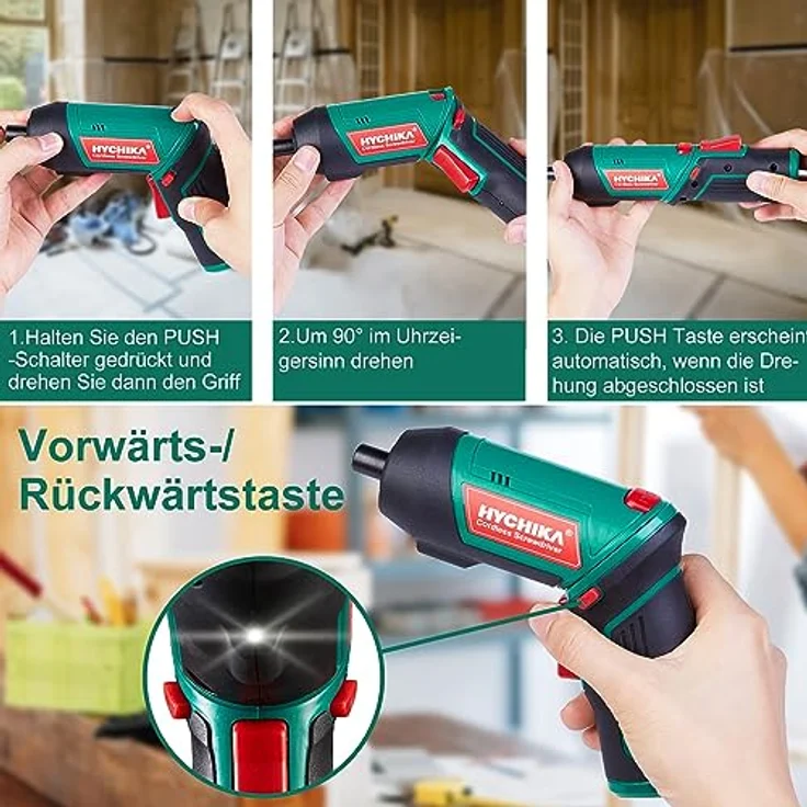 HYCHIKA Akkuschrauber, Cordless Screwdriver 3,6V mit 6Nm Drehmoment, 2000mAh Akku, 20 Zubehörteilen, LED Licht und Magnetfutter – Bild 5