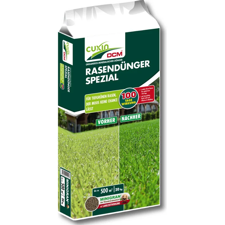 Cuxin Rasendünger Spezial, 18 kg 40 bis 70 g/m² Langzeitwirkung Fe-Chelat Mindestens 100 Tage,streut besser und staubt weniger – Bild 1