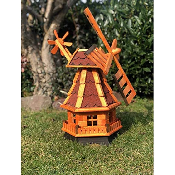 Darlux Sechseck Garten-Windmühle aus Holz kugelgelagert Braun-Rot – Bild 4