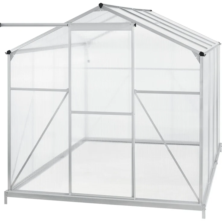 Juskys Aluminium Gewächshaus mit Fundament für Garten 4,75 qm 190 × 253 cm 1 Dachfenster und Schiebetür 4 mm Platten Juskys grau/silber Stahl – Bild 9