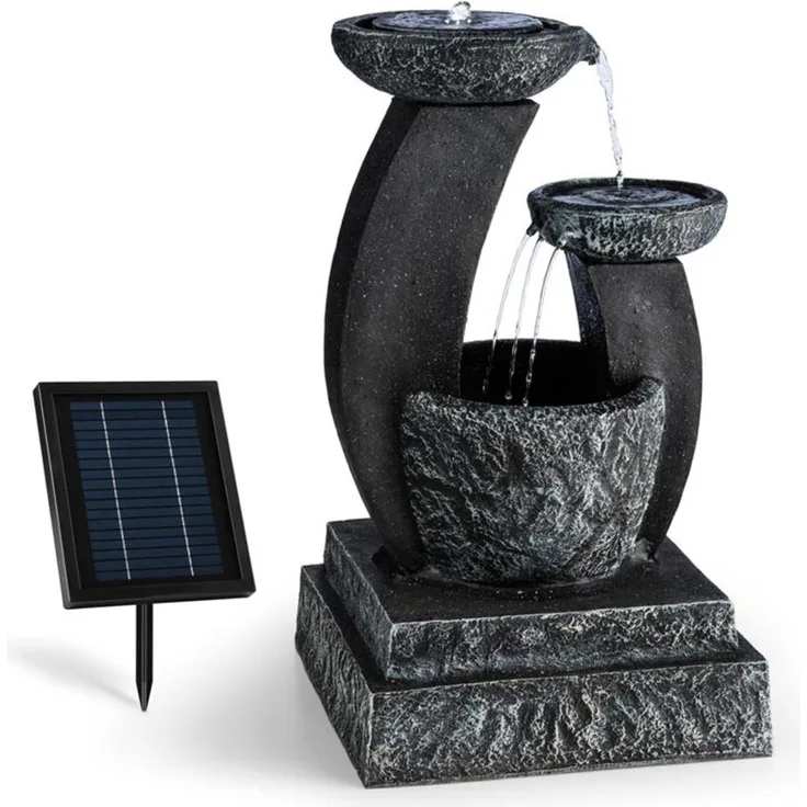 Fantaghiro Zierbrunnen Gartenbrunnen 3W Solar LED Polyresin Steinoptik Schwarz