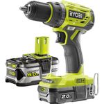 Ryobi R18DD7-252S 18 V ONE+ Brushless Akku-Bohrschrauber, Drehmoment 60 Nm 5 Ah und 2 AhLi-Ionen Akku mit Ladegerät mit Werkzeugtasche