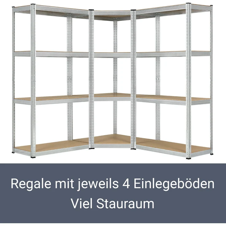 3er Metall Regalsystem Easy | 1 Eckregal & 2 Lagerregale | 12 MDF Holz Böden | 960 kg | verzinkt | Stecksystem | Schwerlastregal Steckregal | Juskys – Bild 3