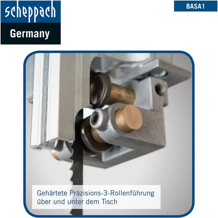 Scheppach Bandsäge BASA1 (300 Watt, max. Schnitthöhe: 100mm, Durchlassbreite: 195mm, bis zu 45° schwenkbarer Arbeitstisch, Bandrad-Ø: 200mm, Schnittgeschwindigkeit: 880m/min) – Bild 5