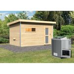 Karibu Saunahaus Skrollan 3 mit Milchglastür Set Ofen 9 kW Bio, externe Steuerung easy