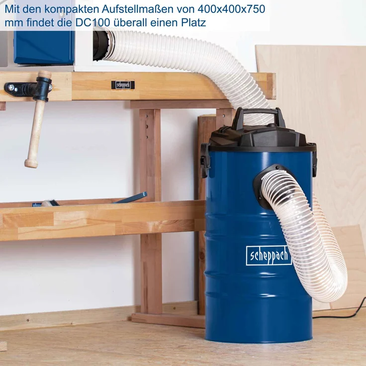 Scheppach Absauganlage DC100 inkl. Adapterset | 65 Liter Füllmenge | Metallbehälter mit Griff | 100 mm Schlauchanschluss | 1200W | Luftleistung: 215 m³/h | inkl. Filterpatrone und 4x Papierfilter – Bild 6