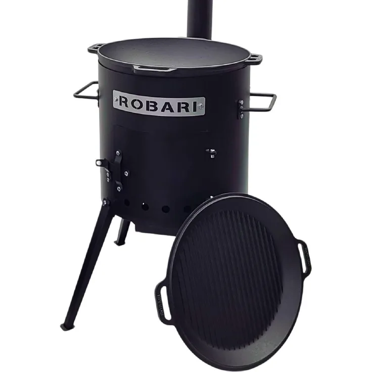 Robari Utschak Set mit Kasan, 12l Gusseisen Grilldeckel-Pfanne, schwarz, mit Schornstein und Aschebehälter