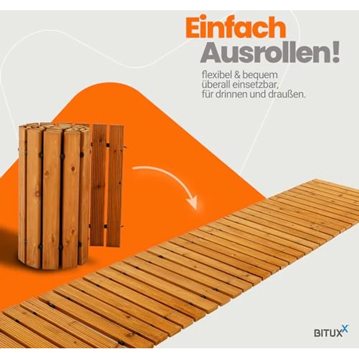 BITUXX Rollweg Holzweg, ausrollbare Zedernholz Trittplatte für Garten, 250x45cm, rutschfest und platzsparend verstaut – Bild 2