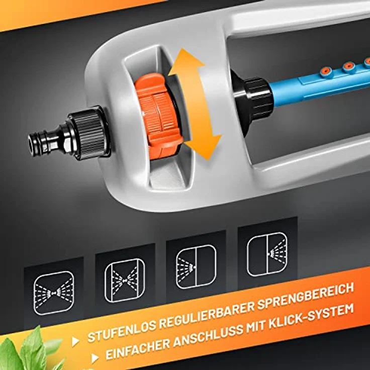 GRÜNTEK Oszillationssprenger Primavera bis 336 m2 / 3617 ft2, Sprengbreite bis 21 m x 15 m, bruchfester Rasensprenger, kompakter Einstellbarer Sprinkler in grün – Bild 2