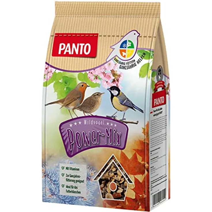 PANTO Wildvogelfutter Power Mix – 4x1,7 kg Vogelfutter für Futterhäuschen, Streufutter für Vögel mit Sonnenblumenkernen, Erdnüssen, Rosinen, Getreideflocken