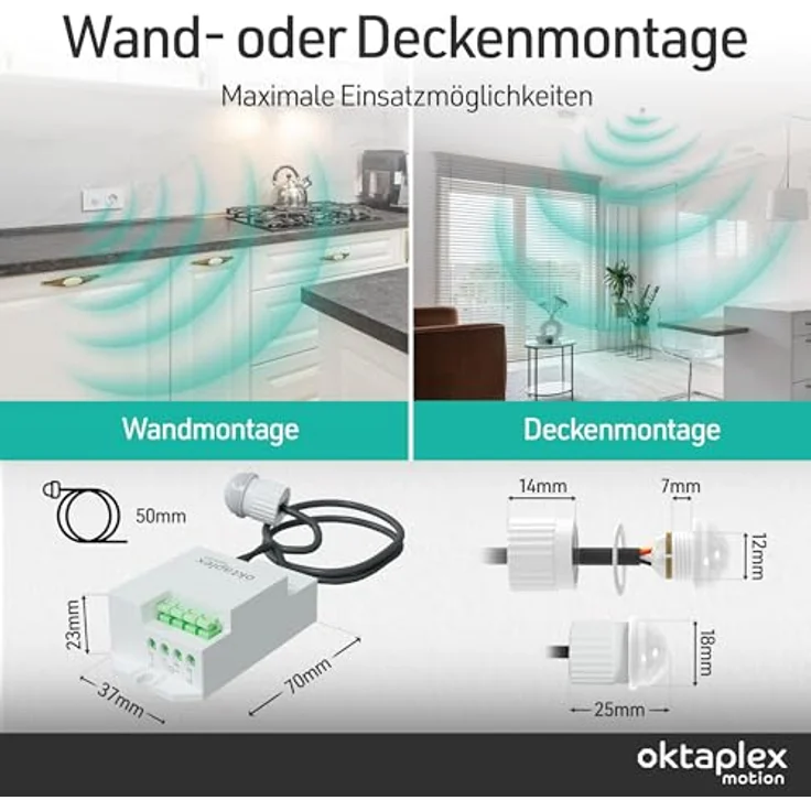 Oktaplex motion Jana, Einbau Bewegungsmelder 360 Grad Infrarot, 6m Reichweite, IP65, für Decke/Wand, 50 cm Kabel, weiß, 2er Set – Bild 5