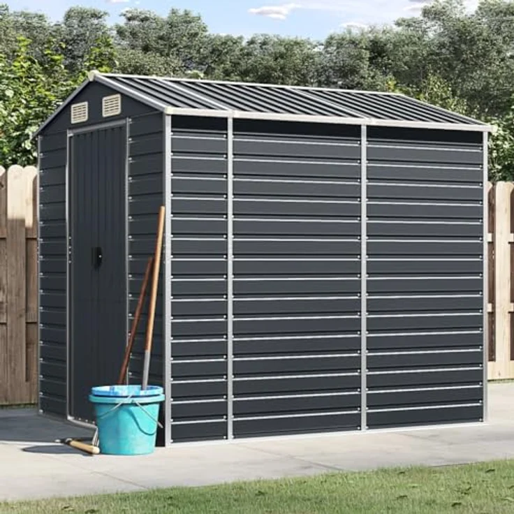 vidaXL Gerätehaus, Gartenhaus mit Schrägdach Griffe, Gartenschuppen Schuppen mit Stauraum, Geräteschuppen Metallschuppen, Anthrazit 191x215x198 cm Verzinkter Stahl – Bild 2