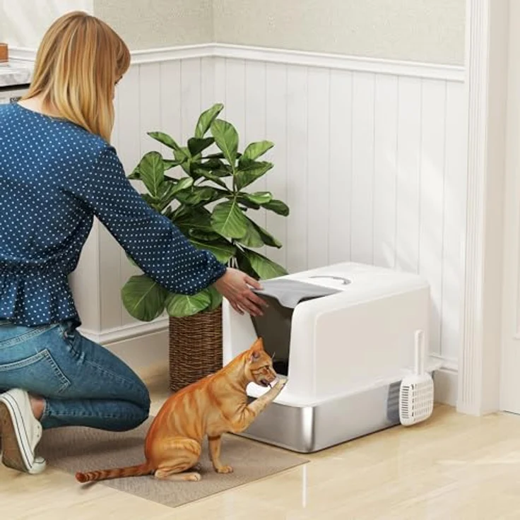 PawHut Katzenklo, Katzentoilette mit Deckel, Edelstahlwanne, Streufilter, Streuschaufel, bis 6 kg, Weiß – Bild 2