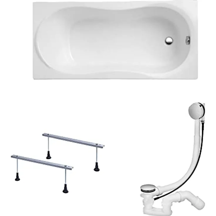 KOLMAN Badewanne GRACJA Rechteck 140x70, 126 Liter, 3in1 Komplettset mit Siphon, reinweiß, Acryl mit Glasfaserverstärkung