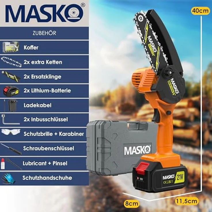 MASKO® Mini Kettensäge 800W, 6 Zoll, Akku mit 8000mAh, Automatisches Ölsystem, für Astschnitte & Holzarbeiten, inklusive Koffer, 2x 4000mAh Akkus & 2x Ersatzketten – Bild 2