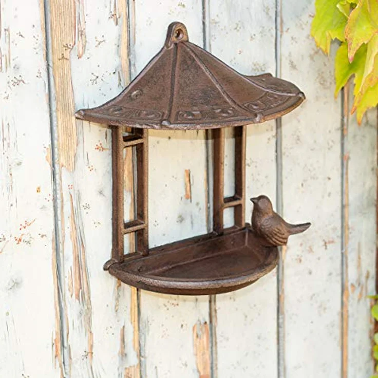 Antikas Futterstation für Vögel, Gusseisen Pavillon mit Vogeltränke, Wanddeko, 23 cm – Bild 1