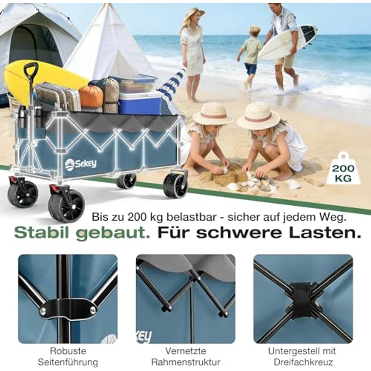 Sekey XXXL Bollerwagen Faltbar, 300L Fassungsvermögen, 200KG belastbar, All-Terrain-Räder 17x10 cm, patentierter 4-Wege-Sofortaufbau, wasserabweisend, Blau mit Grau – Bild 5