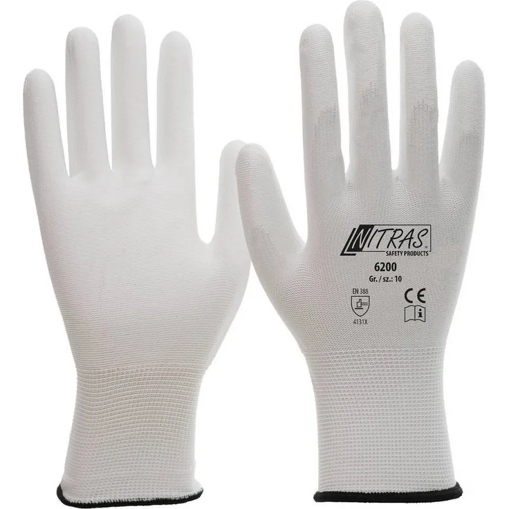 Nitras Arbeitshandschuhe 6200 Montagehandschuh Nylon Maler weiß PU Handschuhe (12 Paar, Gr 6-11) Atmungsaktiv/hohe Tastempfindlichkeit