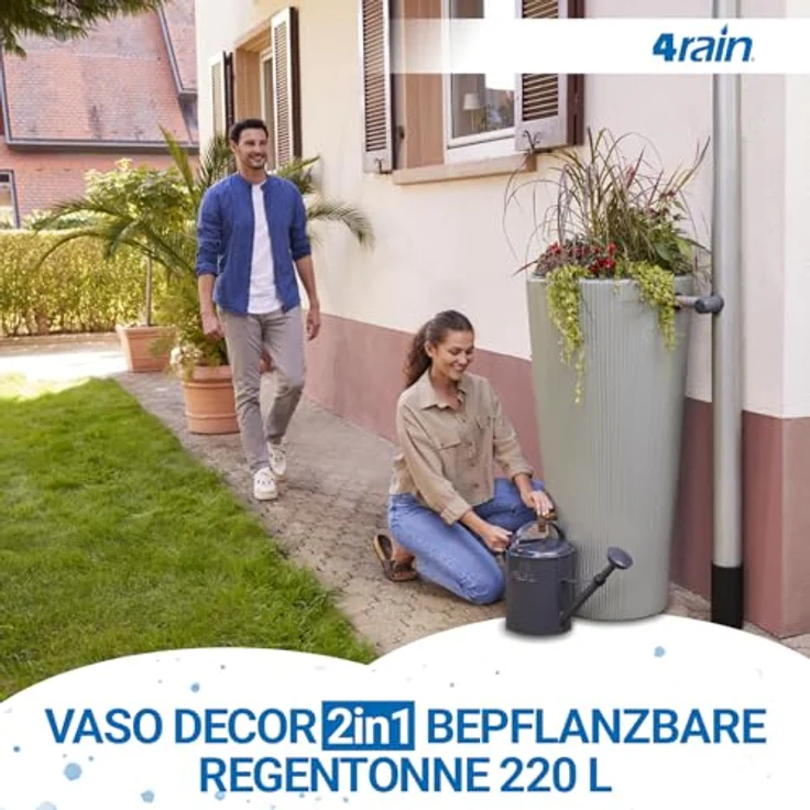 4rain Regentonne 4rain Regenspeicher Vaso 2 in 1 Decor 220 L agave, Stylisch gestalteter Regenspeicher mit Pflanzschale und 220 Liter Speichervolumen, in grüngrauer Farbe – Bild 2