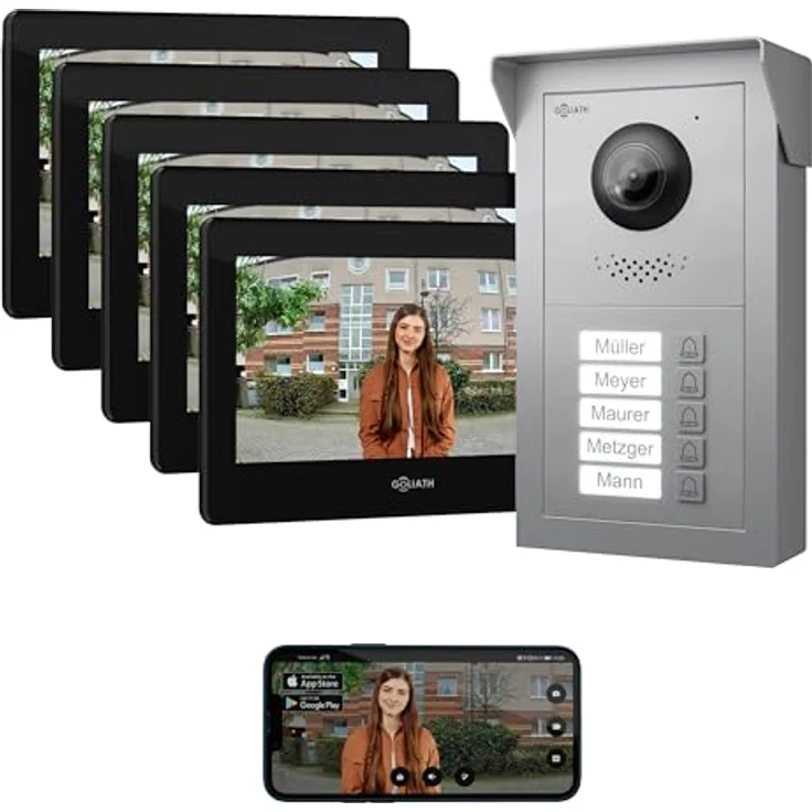 Goliath Intercom Video-Türsprechanlage, 7-Zoll Monitor, HD Kamera, 2-Draht System für 5-Familienhaus, Weiß/Schwarz – Bild 1