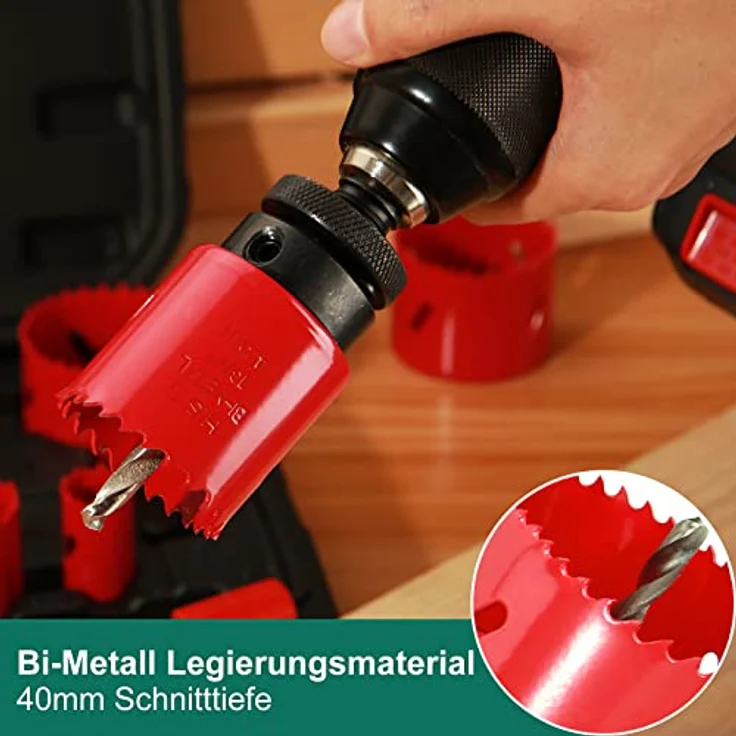 Bi-Metall Lochsäge, HYCHIKA 17tlg Lochsägen Set mit 11 Sägeblättern Ø20mm-68mm, 2 Dornen, 3 Bohrern, 1 Sechskantschlüssel, Ideal zum Bohren von Weichmetall, Holz, PVC-Platte und Kunststoffplatte – Bild 4