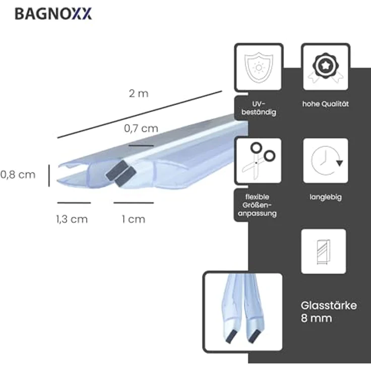 Bagnoxx Magnetdichtung Duschtüren 2x 2m für 8mm Glas, transparent, mit Magnetverschluss, schimmelbeständig, einfach zu montieren – Bild 2