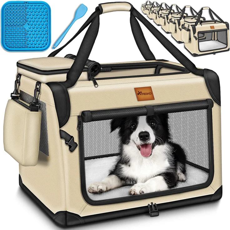 TRESKO Hunde-Transportbox faltbar inkl. Leckmatte und Spatel bis 15,00 kg, atmungsaktives Oxford Gewebe, für Hunde und Katzen, grau