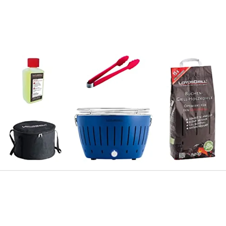 LotusGrill Starter-Set Classic 1x Grill Tiefblau mit USB-Anschluß, 1x Buchenholzkohle 2,5 kg, 1x Brennpaste 200ml, 1x Zange (Farbe nach Vorrat), 1x Transport-Tragetasche - der raucharme Holzkohlegrill