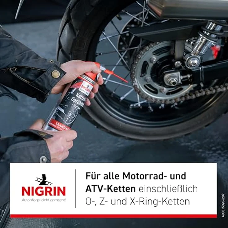 Nigrin Ketten-Sprühfett 'Moto-Bike Dry Lube', transparent, 400 ml, hohe Schleuderfestigkeit, geeignet für O-, Z- und X-Ring-Ketten – Bild 6
