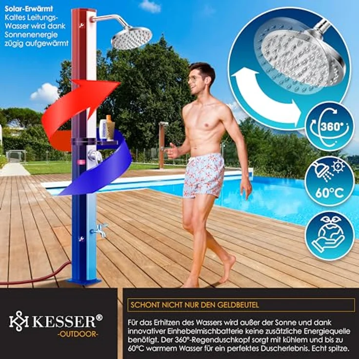 KESSER Solardusche 40- 60 Liter Solar Gartendusche warmes Wasser max. 60°C Inkl. Schutzhaube ohne Stromanschluss Pooldusche CampingRegenduschkopf und Wasserhahn Gartenschlauch-Anschluss Schwarz - Silber, 60 Liter - Preisvergleich – Bild 4