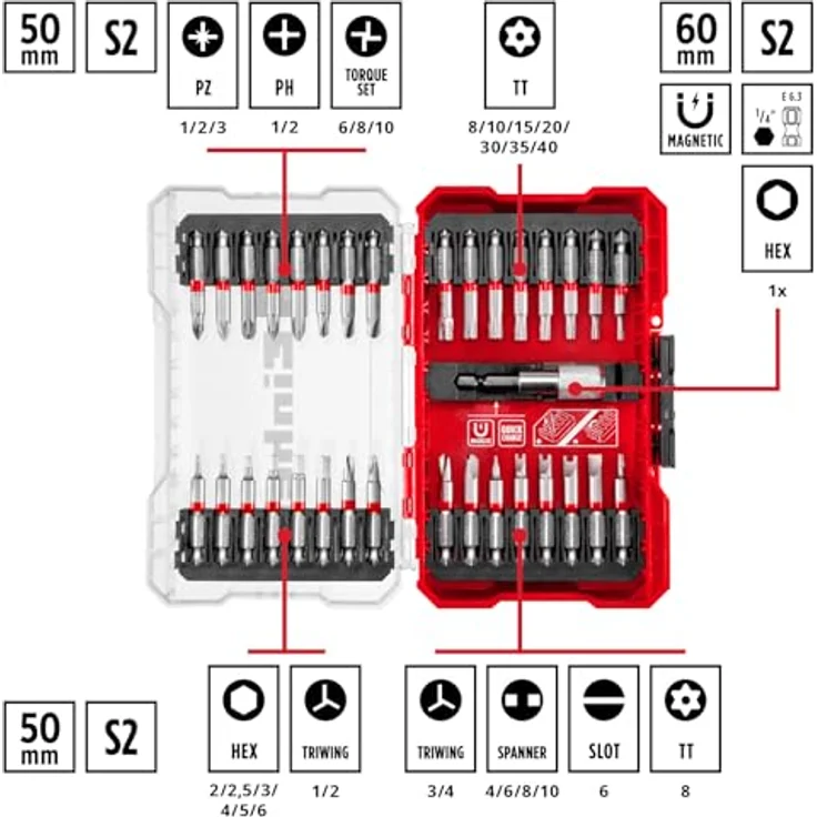 Original Einhell M-CASE 33-tlg. Bit-Set (für Akkuschrauber und Bohrmaschinen mit 50-mm-Bits aus S2 Stahl, Schnellwechselbithalter aus Karbonstahl inkl. Aufbewahrungsbox) – Bild 2