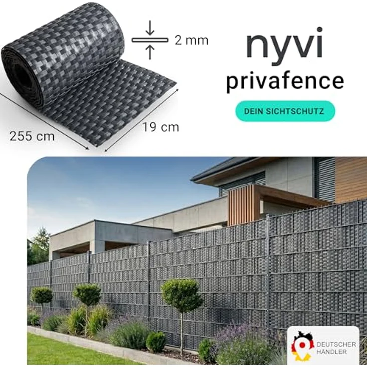 NYVI Polyrattan Sichtschutzstreifen Privafence, anthrazit, 255 x 19 cm, 10 Rollen (25,5 Meter), blickdicht, wetterfest, für Doppelstabmattenzaun – Bild 2