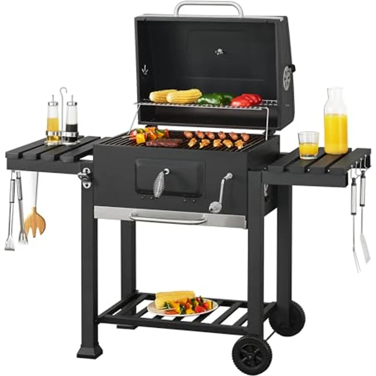 casa.pro Grillwagen 'Arnad' 105x135x47,5cm Schwarz, mit integriertem Deckelthermometer und höhenverstellbarem Holzkohlebehälter – Bild 4