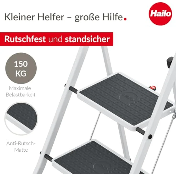 Hailo K75 ComfortLine Klapptritt - 3-stufige Trittleiter aus Stahl mit Sicherheitsbügel und Ablageschale - Arbeitshöhe bis 2,69 m - Gewicht: 6,8 kg - Weiß – Bild 2