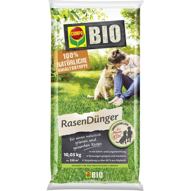 Compo Bio-Rasendünger 10,05 kg, 100% natürliche Inhaltsstoffe, für 250 m², sofort- und langzeitwirksam, staubarm, unbedenklich für Mensch und Tier