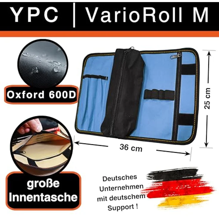YPC VarioRoll M, Werkzeugrolltasche 36x25cm mit 2 Reißverschlusstaschen, 4 Steckfächern und 4 Schlaufen, wasserfestes Oxford 600D Polyester, leicht und kompakt – Bild 2