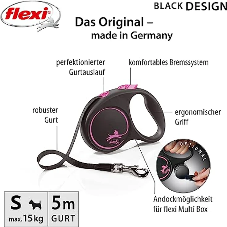 flexi Rollleine Design - Schwarz/Rosa - S, Lange Roll-Leine für Hunde – Bild 2