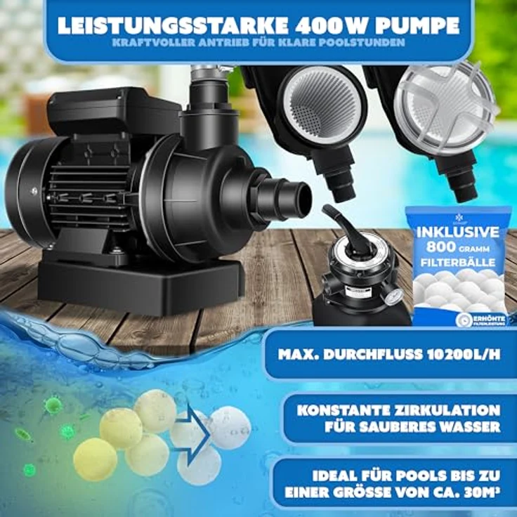 KESSER Sandfilter Sandfilteranlage + 700g Filterbälle ersetzen 25kg Filtersand- Poolfilter 10 m³-h Filteranlage Filterkessel für Pool Schwimmbecken 4-Wege Ventil , einfache Steuerung Schwarz – Bild 4