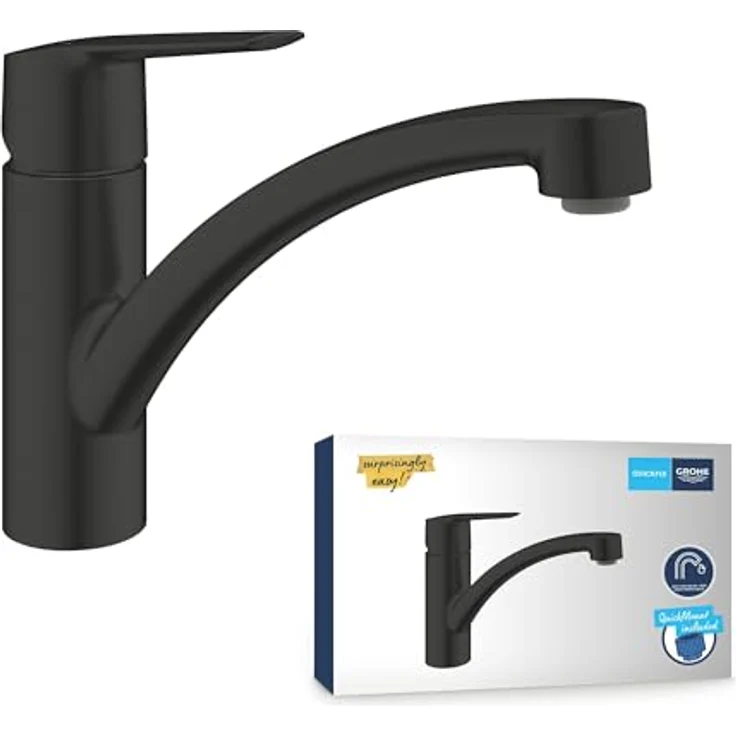 Grohe Start Einhand-Spültischbatterie mit flachem Auslauf, Mattschwarz, schwenkbarer Gussauslauf, temperaturbegrenzt und variabel einstellbare Mengenbegrenzung – Bild 1