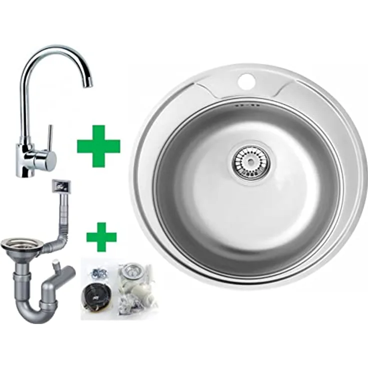 Faizee Möbel Edelstahlspüle Küchenspüle rund Spüle 49 cm Einbauspüle Spüle mit Zubehör Spülbecken Küche