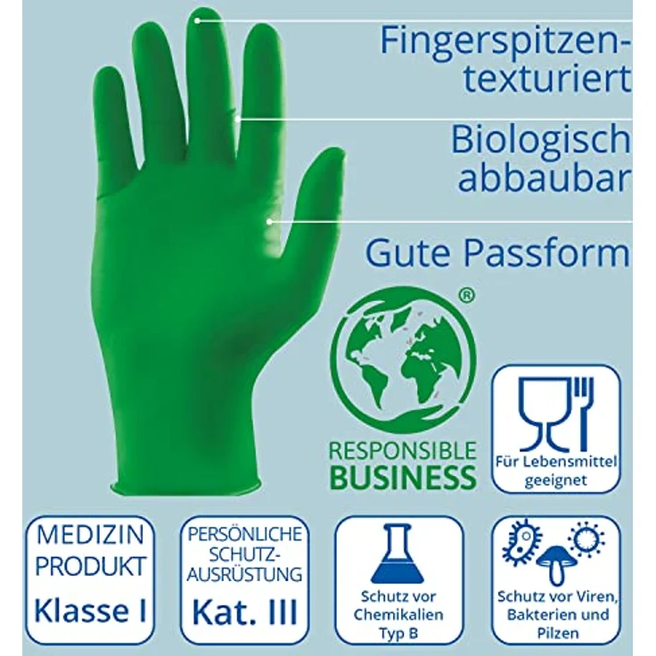 AMPri Biologisch abbaubare Nitrilhandschuhe, grün, 100 Stück/Box, Größe M, puderfrei, Nature Gloves by Med-Comfort: Nitril Einmalhandschuhe in den Größen XS, S, M, L, XL erhältlich – Bild 2