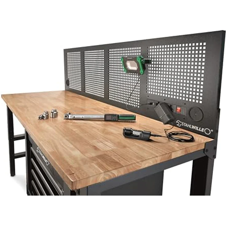 Stahlwille 85010630 Werkstatt Höhenverstellbare Werkbank aus FSC-zertifiziertem Gummibaum-Holz, 2000mm x 725mm, mit gelochter Rückwand und abschließbarer Schublade – Bild 2