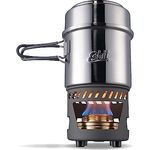 Esbit Campingkocher, kompakter Spiritus-Gaskocher mit 2 Edelstahltöpfen (985 ml und 470 ml), praktischem Netzbeutel und klappbarem Flammenregulierer, Aluminium Stand mit Brenner