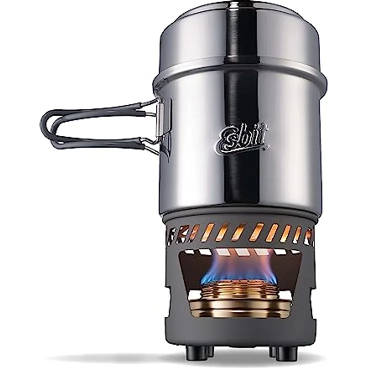 Esbit Campingkocher, kompakter Spiritus-Gaskocher mit 2 Edelstahltöpfen (985 ml und 470 ml), praktischem Netzbeutel und klappbarem Flammenregulierer, Aluminium Stand mit Brenner