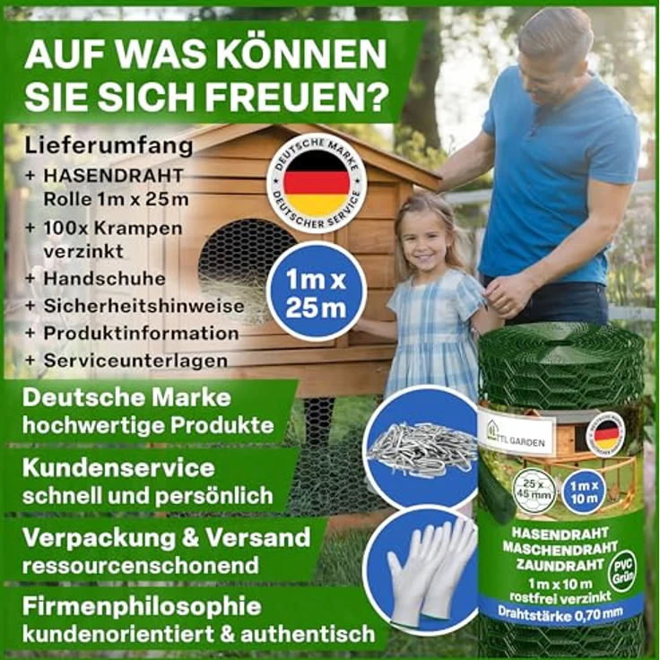 TTL GARDEN Hasendraht 25mx1m, PVC-beschichtet, 25x45mm Masche, grün, inkl. 100 verzinkte Krampen und Arbeitshandschuhe – Bild 9