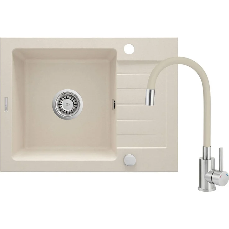 DEANTE Granitspülbecken mit Armatur, 1-Becken mit Abtropffläche, beige, 580 x 440 x 164 mm